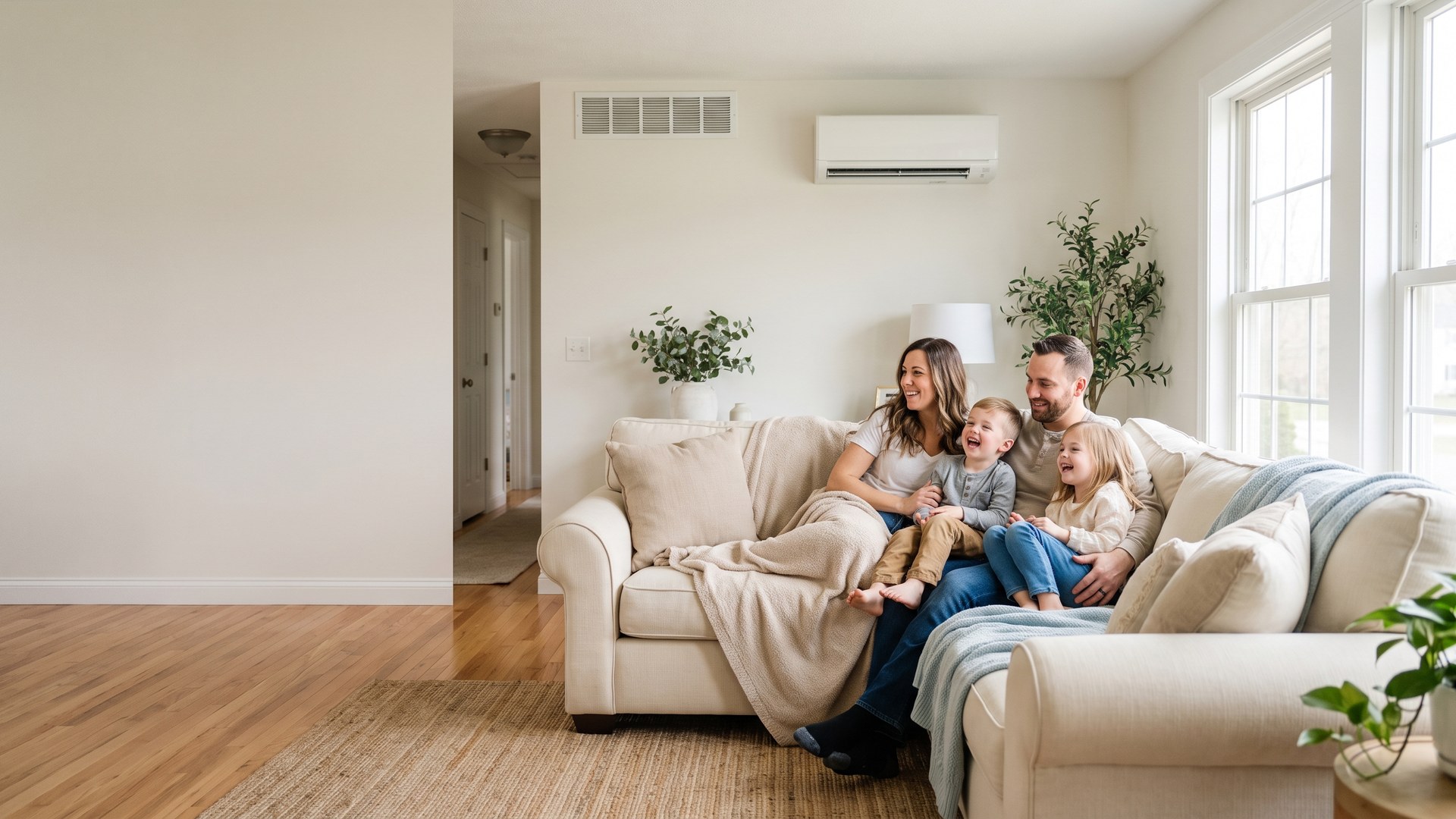 A family relaxing on the sofa in a bright living room, with a supply vent and a wall-mounted mini-split unit on the wall behind them