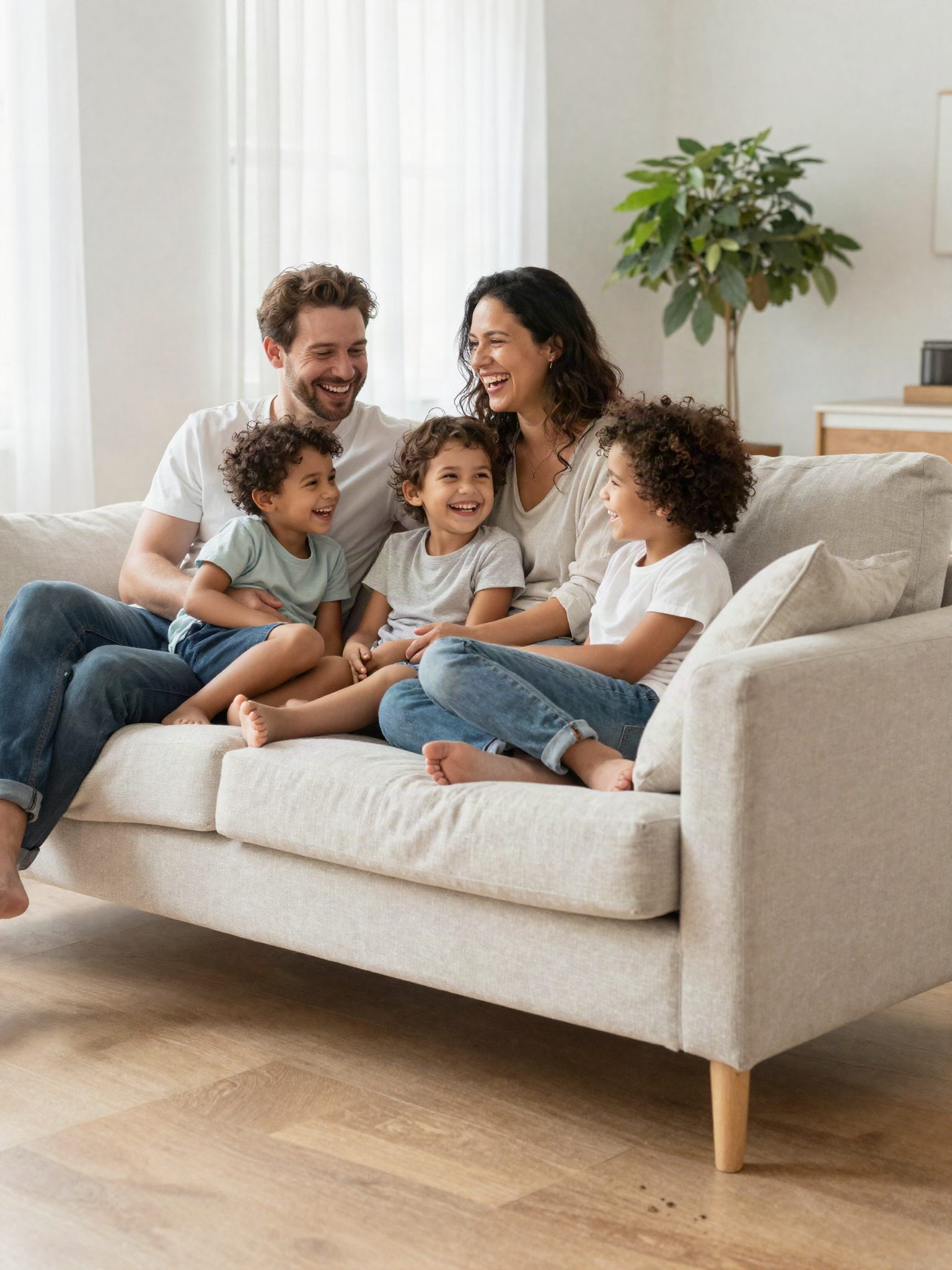 A happy family relaxing together on the sofa in their bright, clean living room