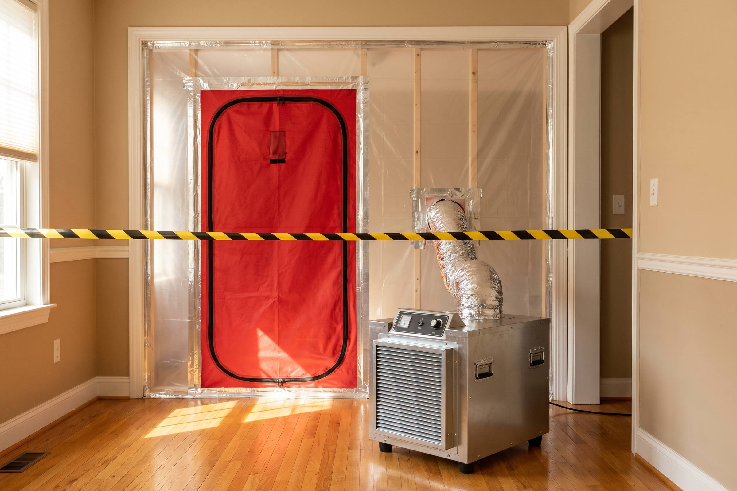 Poly containment barrier with a zippered entry and a negative-air machine with ducting