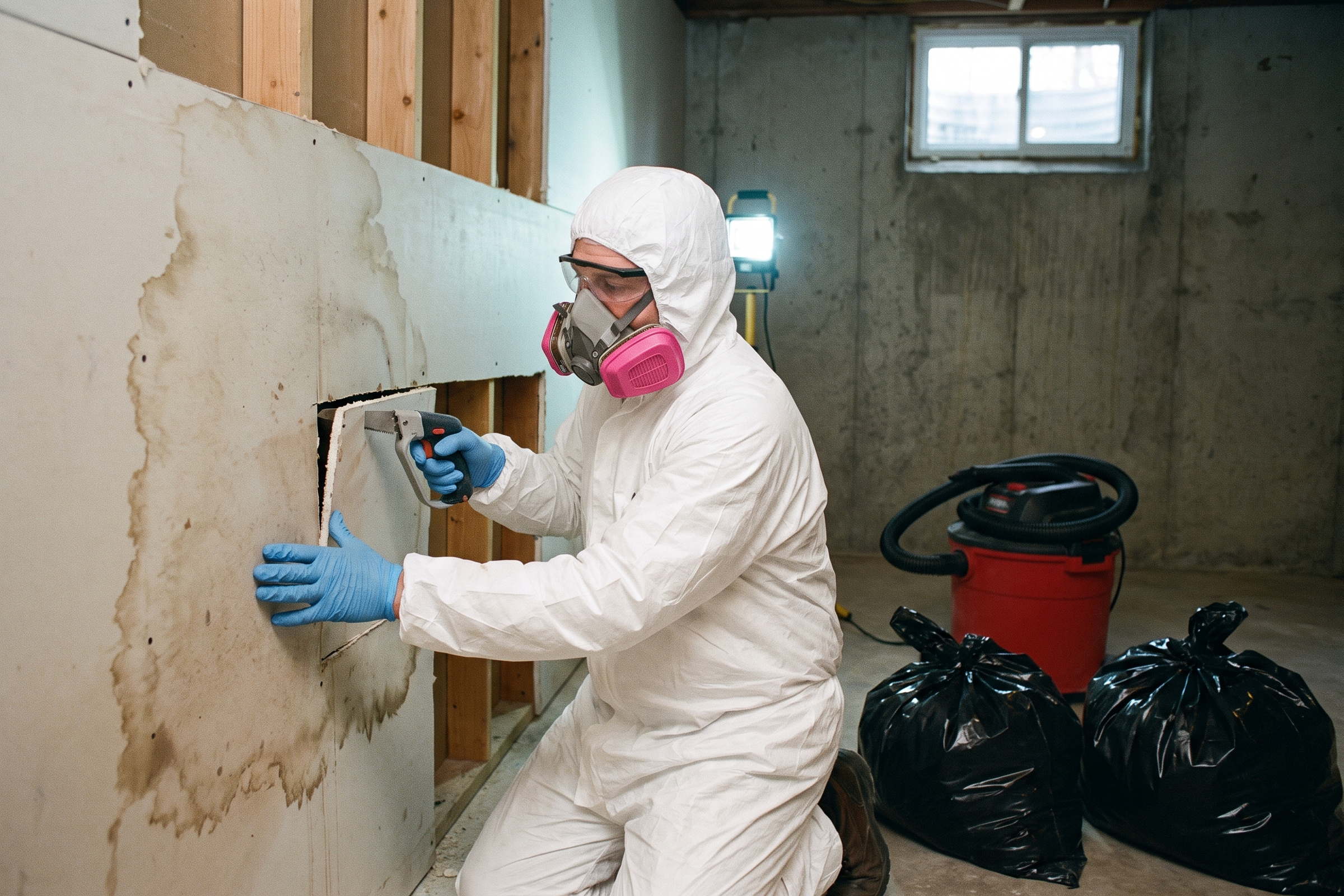 Technician in protective equipment cutting out water-damaged drywall into sealed bags